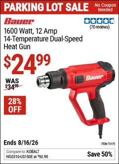 Harbor Freight Coupon BAUER 1600 WATT, 12 AMP, 14-TEMPERATURE DUAL-SPEED HEAT GUN Lot No. 64112 Expired: 8/16/26 - $24.99