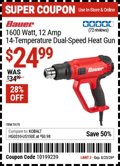 Harbor Freight Coupon BAUER 1600 WATT, 12 AMP, 14-TEMPERATURE DUAL-SPEED HEAT GUN Lot No. 64112 Expired: 8/23/26 - $24.99