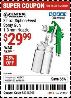 Harbor Freight Coupon CENTRAL PNEUMATIC 32 OZ. SIPHON-FEED SPRAY GUN, 1.8 MM NOZZLE Lot No. 56981 Expired: 5/10/26 - $29.99