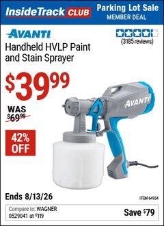 Harbor Freight ITC Coupon AVANTI HANDHELD HVLP PAINT AND STAIN SPRAYER Lot No. 64934 Expired: 8/13/26 - $39.99