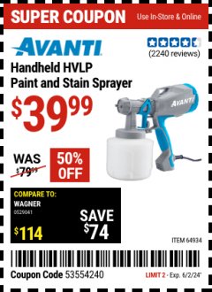 Harbor Freight Coupon AVANTI HANDHELD HVLP PAINT AND STAIN SPRAYER Lot No. 64934 Expired: 6/2/24 - $39.99