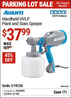 Harbor Freight Coupon AVANTI HANDHELD HVLP PAINT AND STAIN SPRAYER Lot No. 64934 Expired: 12/31/69 - $37.99