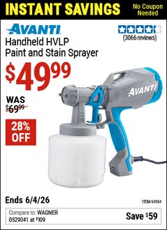 Harbor Freight Coupon AVANTI HANDHELD HVLP PAINT AND STAIN SPRAYER Lot No. 64934 Valid Thru: 6/4/26 - $49.99