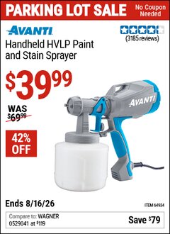 Harbor Freight Coupon AVANTI HANDHELD HVLP PAINT AND STAIN SPRAYER Lot No. 64934 Expired: 8/16/26 - $39.99