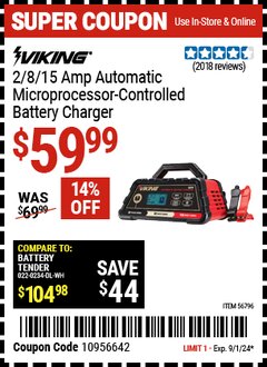 Harbor Freight Coupon VIKING 2/8/15 AMP AUTOMATIC MICROPROCESSOR-CONTROLLED BATTERY CHARGER Lot No. 56796 Expired: 9/1/24 - $59.99