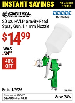 Harbor Freight Coupon CENTRAL PNEUMATIC 20 OZ. HVLP GRAVITY-FEED SPRAY GUN, 1.4 MM NOZZLE Lot No. 56982 Valid Thru: 4/9/26 - $14.99