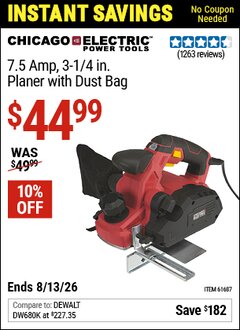 Harbor Freight Coupon CHICAGO ELECTRIC POWER TOOLS 7.5 AMP, 3-1/4 IN. PLANER WITH DUST BAG Lot No. 61687 Valid Thru: 6/13/26 - $44.99