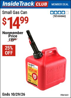Harbor Freight ITC Coupon MIDWEST CAN SMALL GAS CAN Lot No. 56421 Dates Valid: 12/31/69 - 10/29/26 - $14.99