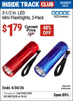Harbor Freight ITC Coupon 3-1/2 IN. LED MINI FLASHLIGHTS, 2-PACK Lot No. 63600/63876 Valid Thru: 4/30/26 - $1.79