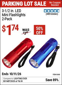 Harbor Freight Coupon 3-1/2 IN. LED MINI FLASHLIGHTS, 2-PACK Lot No. 63600/63876 Expired: 10/11/26 - $1.74