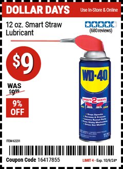 Harbor Freight Coupon WD-40 12 OZ. SMART STRAW LUBRICANT Lot No. 62231 Expired: 10/9/24 - $9
