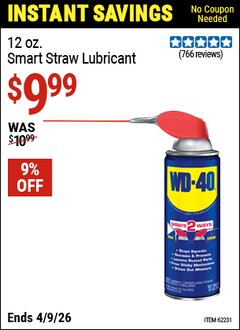 Harbor Freight Coupon WD-40 12 OZ. SMART STRAW LUBRICANT Lot No. 62231 Expired: 4/9/26 - $9.99
