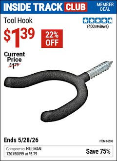 Harbor Freight ITC Coupon TOOL HOOK Lot No. 65590 Valid Thru: 5/28/26 - $1.39