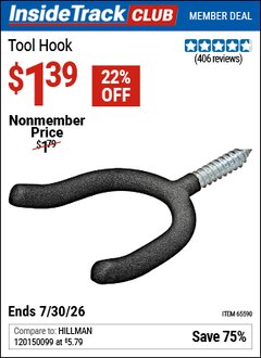 Harbor Freight ITC Coupon TOOL HOOK Lot No. 65590 Valid Thru: 7/30/26 - $1.39