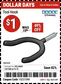 Harbor Freight Coupon TOOL HOOK Lot No. 65590 EXPIRES: 10/21/26 - $1