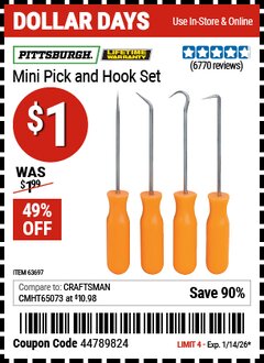 Harbor Freight Coupon PITTSBURGH MINI PICK AND HOOK SET Lot No. 63697/66836/94500/63765/34328 EXPIRES: 1/14/26 - $1