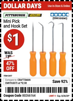 Harbor Freight Coupon PITTSBURGH MINI PICK AND HOOK SET Lot No. 63697/66836/94500/63765/34328 Expired: 8/26/26 - $1