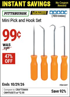 Harbor Freight Coupon PITTSBURGH MINI PICK AND HOOK SET Lot No. 63697/66836/94500/63765/34328 EXPIRES: 10/29/26 - $0.99