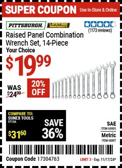 Harbor Freight Coupon RAISED PANEL METRIC COMBINATION WRENCH SET, 14 PC Lot No. 68807 Expired: 11/17/24 - $19.99