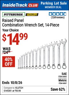 Harbor Freight ITC Coupon PITTSBURGH RAISED PANEL COMBINATION WRENCH SET, 14-PIECE Lot No. 68805/68807 Expired: 10/8/26 - $14.99