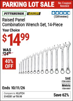 Harbor Freight Coupon PITTSBURGH RAISED PANEL COMBINATION WRENCH SET, 14-PIECE Lot No. 68805/68807 Valid Thru: 10/11/26 - $14.99