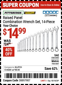 Harbor Freight Coupon PITTSBURGH RAISED PANEL COMBINATION WRENCH SET, 14-PIECE Lot No. 68805/68807 Expired: 10/18/26 - $14.99