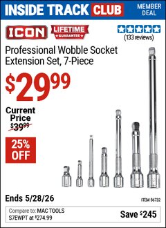 Harbor Freight ITC Coupon ICON PROFESSIONAL WOBBLE SOCKET EXTENSION SET, 7-PIECE Lot No. 56732 Expired: 5/28/26 - $29.99