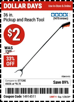 Harbor Freight Coupon 36 IN. PICKUP AND REACH TOOL Lot No. 61413 Valid Thru: 1/28/26 - $2