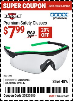 Harbor Freight Coupon RANGER PREMIUM SAFETY GLASSES Lot No. 57503 Valid Thru: 2/16/26 - $7.99