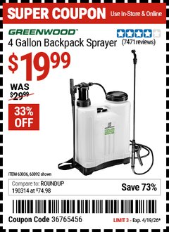 Harbor Freight Coupon GREENWOOD 4 GALLON BACKPACK SPRAYER Lot No. 63092/63036 Valid Thru: 4/19/26 - $19.99