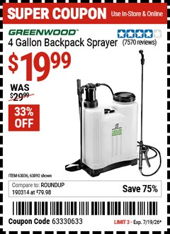 Harbor Freight Coupon GREENWOOD 4 GALLON BACKPACK SPRAYER Lot No. 63092/63036 EXPIRES: 7/19/26 - $19.99
