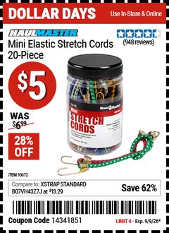 Harbor Freight Coupon HAUL-MASTER MINI ELASTIC STRETCH CORDS, 20-PIECE Lot No. 93672 EXPIRES: 9/9/26 - $5