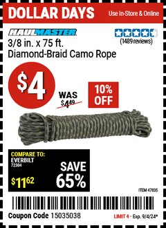 Harbor Freight Coupon HAUL-MASTER 3/8 IN. X 75 FT. DIAMOND BRAID CAMO ROPE Lot No. 47835 Expired: 9/4/24 - $4
