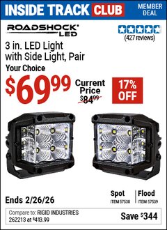 Harbor Freight ITC Coupon ROADSHOCK 3 IN. LED LIGHT WITH SIDELIGHT, PAIR Lot No. 57539/57538 Dates Valid: 12/31/69 - 2/26/26 - $69.99