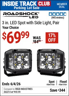 Harbor Freight ITC Coupon ROADSHOCK 3 IN. LED LIGHT, PAIR Lot No. 57538/57539 Expired: 6/4/26 - $69.99