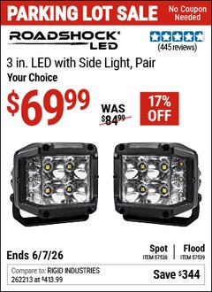 Harbor Freight Coupon ROADSHOCK 3 IN. LED LIGHT, PAIR Lot No. 57538/57539 Expired: 6/7/26 - $69.99