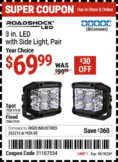 Harbor Freight Coupon ROADSHOCK 3 IN. LED LIGHT, PAIR Lot No. 57538/57539 Expired: 10/18/26 - $69.99
