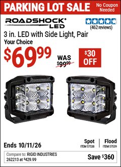 Harbor Freight Coupon ROADSHOCK 3 IN. LED LIGHT, PAIR Lot No. 57538/57539 Expired: 10/11/26 - $69.99