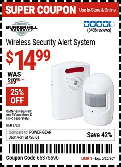 Harbor Freight Coupon BUNKER HILL SECURITY WIRELESS SECURITY ALERT SYSTEM Lot No. 57937 Expired: 5/25/26 - $14.99