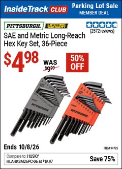 Harbor Freight ITC Coupon PITTSBURGH SAE AND METRIC LONG-REACH HEX KEY SET, 36-PIECE Lot No. 94725 Expired: 10/8/26 - $4.98