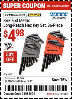 Harbor Freight Coupon PITTSBURGH SAE AND METRIC LONG-REACH HEX KEY SET, 36-PIECE Lot No. 94725 Expired: 10/18/26 - $4.98