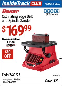 Harbor Freight ITC Coupon BAUER OSCILLATING EDGE BELT AND SPINDLE SANDER Lot No. 56870 Dates Valid: 12/31/69 - 7/30/26 - $169.99