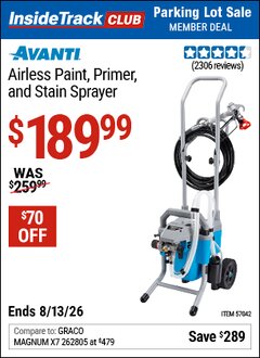 Harbor Freight ITC Coupon AVANTI AIRLESS PAINT, PRIMER, AND STAIN SPRAYER Lot No. 57042 Expired: 8/13/26 - $189.99