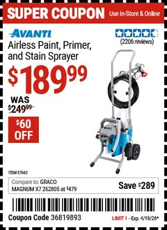 Harbor Freight Coupon AVANTI AIRLESS PAINT, PRIMER, AND STAIN SPRAYER Lot No. 57042 Valid Thru: 4/19/26 - $189.99