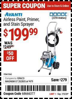 Harbor Freight Coupon AVANTI AIRLESS PAINT, PRIMER, AND STAIN SPRAYER Lot No. 57042 Expired: 7/5/26 - $199.99