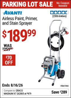 Harbor Freight Coupon AVANTI AIRLESS PAINT, PRIMER, AND STAIN SPRAYER Lot No. 57042 Expired: 8/16/26 - $189.99