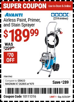 Harbor Freight Coupon AVANTI AIRLESS PAINT, PRIMER, AND STAIN SPRAYER Lot No. 57042 Expired: 8/23/26 - $189.99