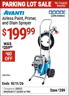 Harbor Freight Coupon AVANTI AIRLESS PAINT, PRIMER, AND STAIN SPRAYER Lot No. 57042 Expired: 10/11/26 - $199.99