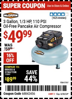 Harbor Freight Coupon MCGRAW 3 GALLON, 110 PSI OIL-FREE LIGHT-DUTY PANCAKE AIR COMPRESSOR Lot No. 57567 Expired: 7/7/24 - $49.99