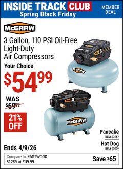 Harbor Freight ITC Coupon MCGRAW 3 GALLON, 110 PSI OIL-FREE LIGHT-DUTY HOT DOG AIR COMPRESSOR Lot No. 57572 Expired: 4/9/26 - $54.99